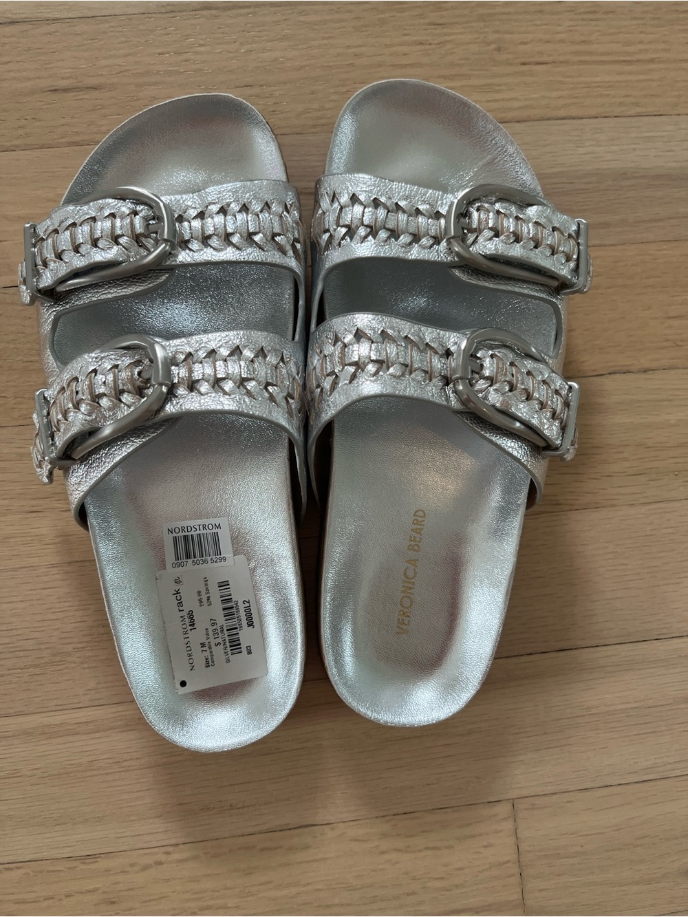 Veronica Beard Silver Braided Buckle Double-Strap Slides